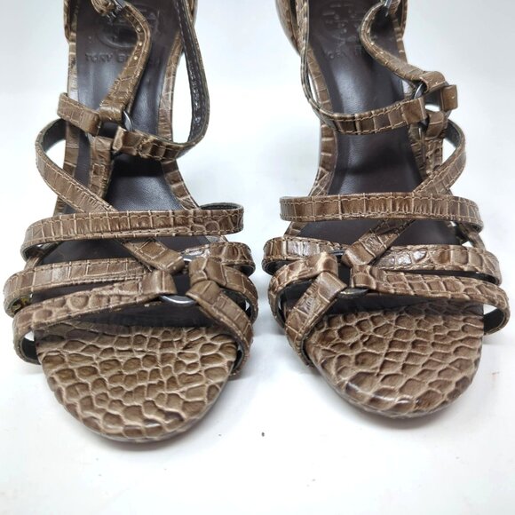 Tory Burch High Heels 6 Brown Strappy Open Toe Croc Embossed Leather - Picture 3 of 10